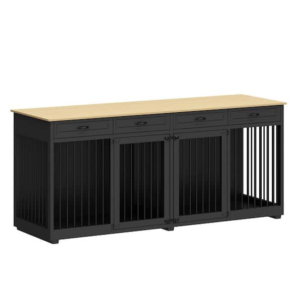 FUFU&GAGA Large Dog Crate Furniture, 86.6 in. Wooden Dog Crate Kennel w/4-Drawers and Divider, Dog Crates for 2 Large Dogs, Black