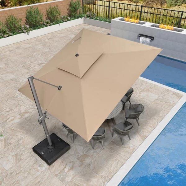 12 ft. Square 2-Tier Aluminum Cantilever 360-Degree Rotation Patio Umbrella with Base, Beige