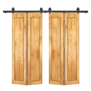 40 in. x 80 in. 1-Panel Shaker Hollow Core Weather Oak Pine Wood Double Bi-fold Door with Barn Door Hardware Kit