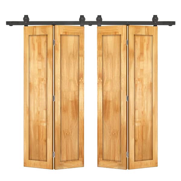52 in. x 80 in. 1-Panel Shaker Hollow Core Weather Oak Pine Wood Double Bi-fold Door with Barn Door Hardware Kit
