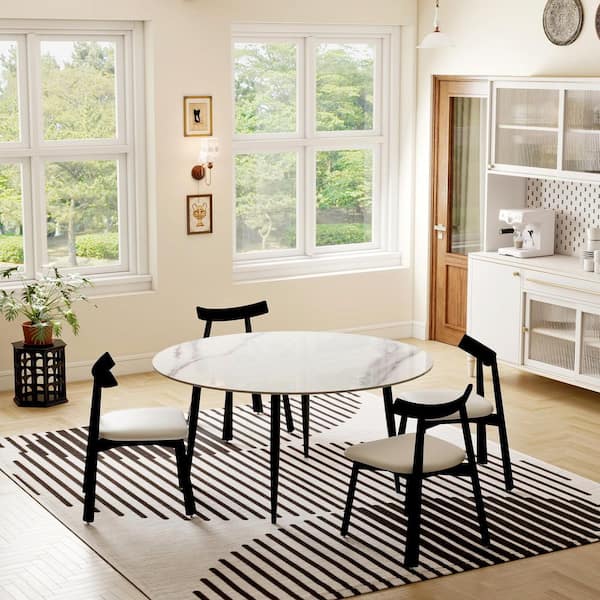 59.05 in. Modern Round Dining Table White Sintered Stone Tabletop Dining Table with Solid Black 4 Legs (Seat 8)