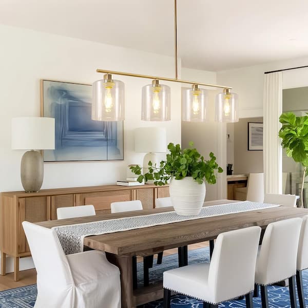 46 in. 4-Light Gold Modern Island Pendant Light, Linear Chandelier Hanging Light w/ Clear Glass Shade for Kitchen Island