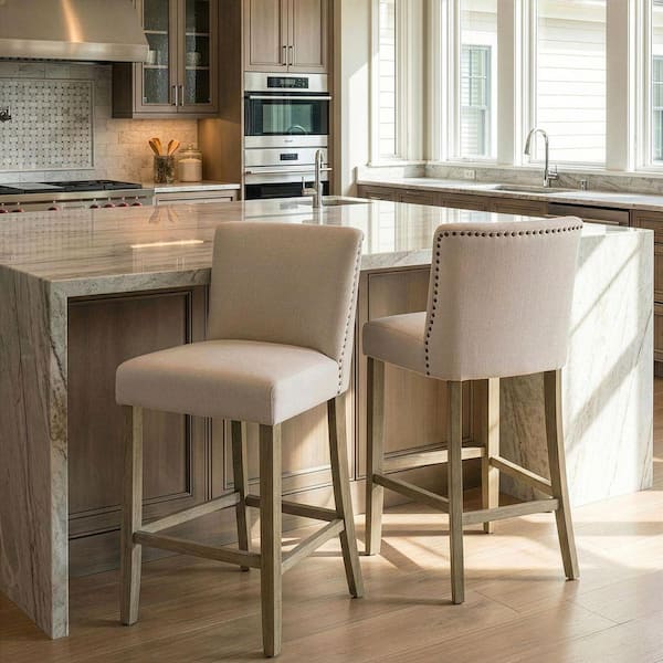 29.875 in. Aleco Beige Fabric with Metal Nail Head Accents Bar Stool (Set of 2)