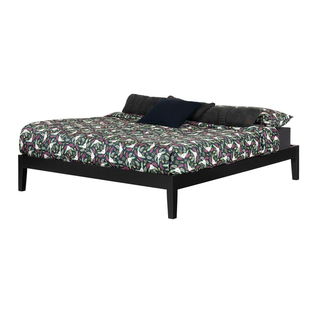Minimalist King-Size Black Wood Frame Upholstered Platform Bed