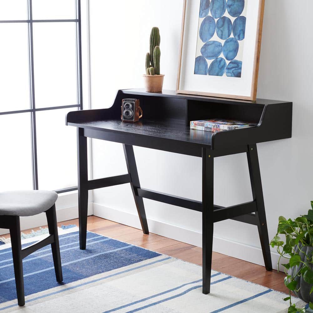 Industrial Mid-Century Matte Black Writing Desk with Shelves