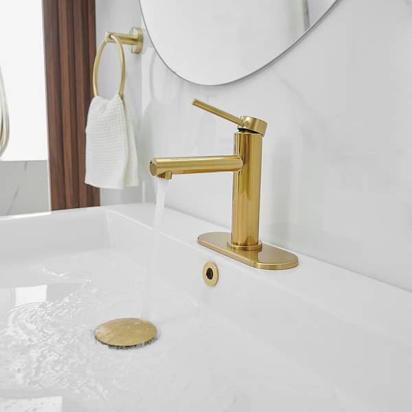 Single Handle Single Hole Low-Arc Bathroom Faucet with Drain Assembly Drip-Free Vanity Sink Faucet in Brushed Gold