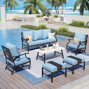 Black Meshed 7-Seat 6-Piece Metal Outdoor Patio Conversation Set with Blue Cushions and Table with Marble Pattern Top