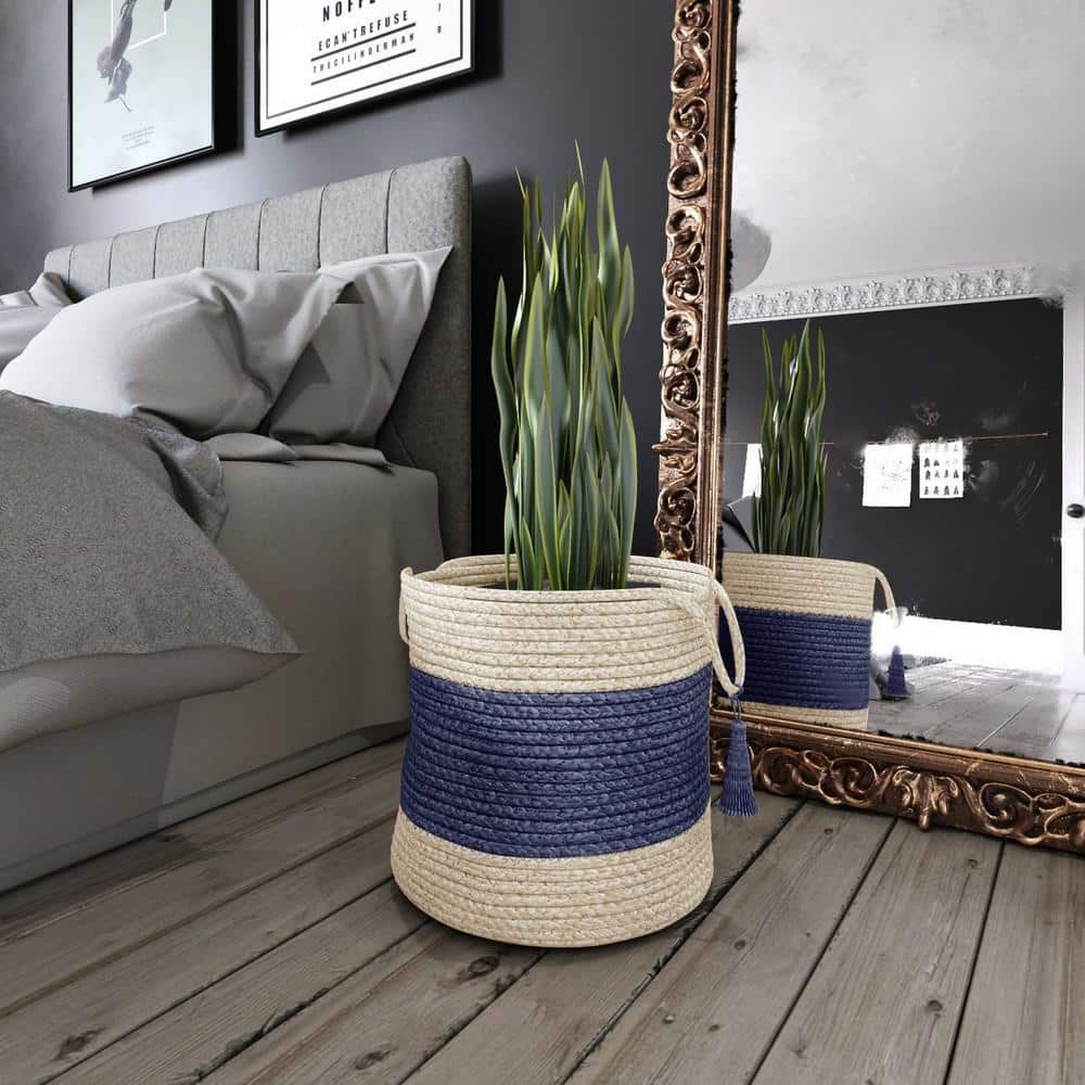 17" Round Blue and White Jute Storage Basket with Handles