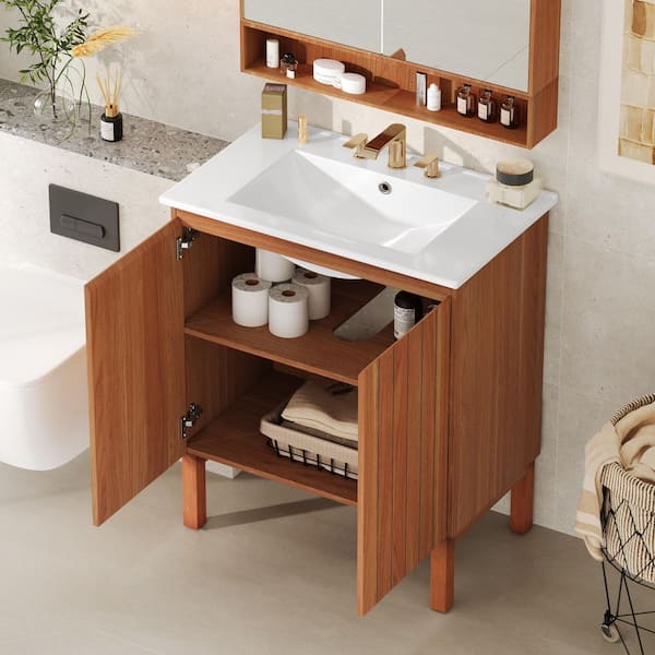 30 in. Freestanding Natural Bath Vanity with White Ceramic Top, Vertical Stripe Design Bathroom Vanity