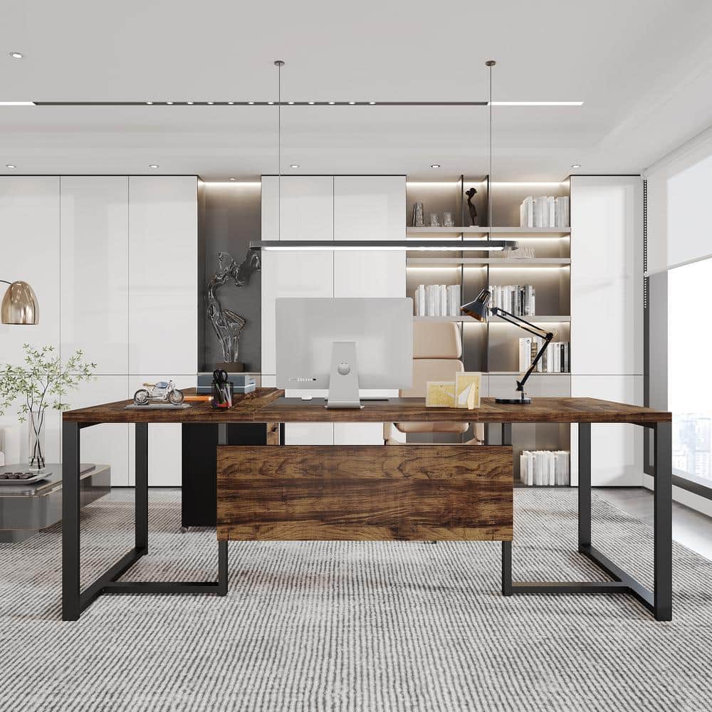 71'' Rustic Brown and Black L-Shaped Desk with Mobile File Cabinet
