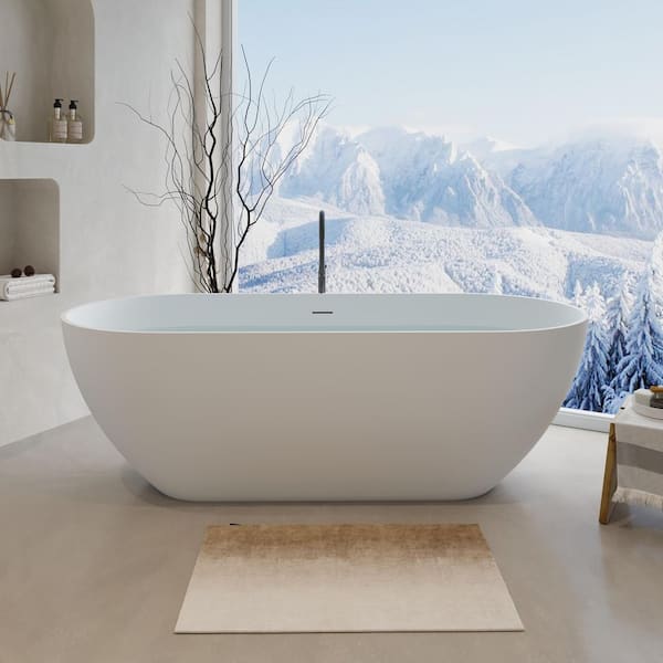 63 in. x 29.5 in. Freestanding Solid Surface Resin Stone Soaking Bathtub with Drain and Overflow in Matte White