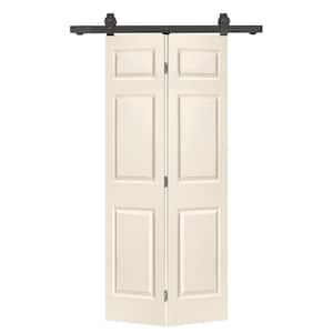 30 in. x 80 in. 6-Panel Beige Painted MDF Composite Bi-Fold Barn Door with Sliding Hardware Kit