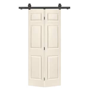 24 in. x 84 in. 6-Panel Beige Painted MDF Hollow Core Composite Bi-Fold Barn Door with Sliding Hardware Kit