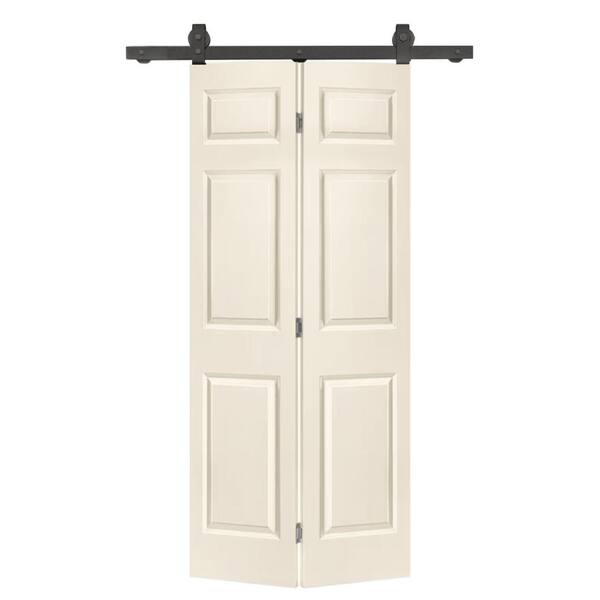 CALHOME 24 in. x 84 in. 6-Panel Beige Painted MDF Hollow Core Composite Bi-Fold Barn Door with Sliding Hardware Kit