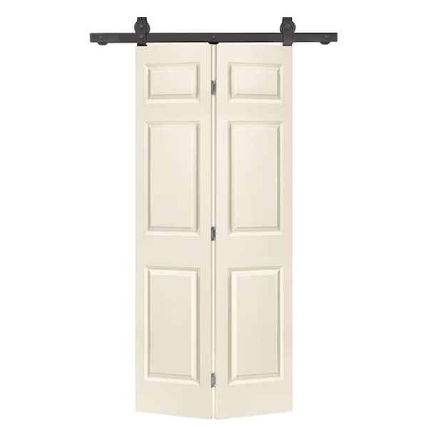 CALHOME 30 in. x 84 in. 6-Panel Beige Painted MDF Hollow Core Composite Bi-Fold Barn Door with Sliding Hardware Kit