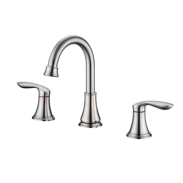 Lukvuzo 8 in. Widespread Double Handle Mid Arc Bathroom Faucet with Drain Assembly in Brushed Nickel
