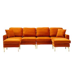114 in. 4-piece U-Shape Orange Velvet Modern Upholstered Sectional Sofa with 2-Removable Ottomans