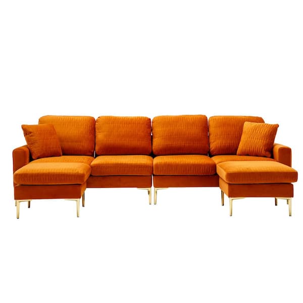 HOMEFUN 114 in. 4-piece U-Shape Orange Velvet Modern Upholstered Sectional Sofa with 2-Removable Ottomans