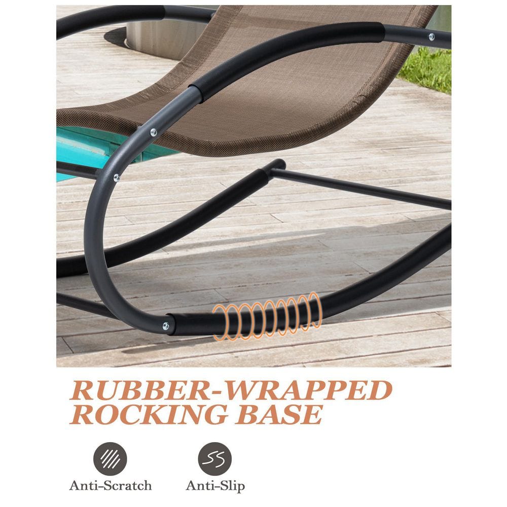 Brown Metal Frame Patio Rocking Chaise Lounge Chair with Texteline Sling Seat