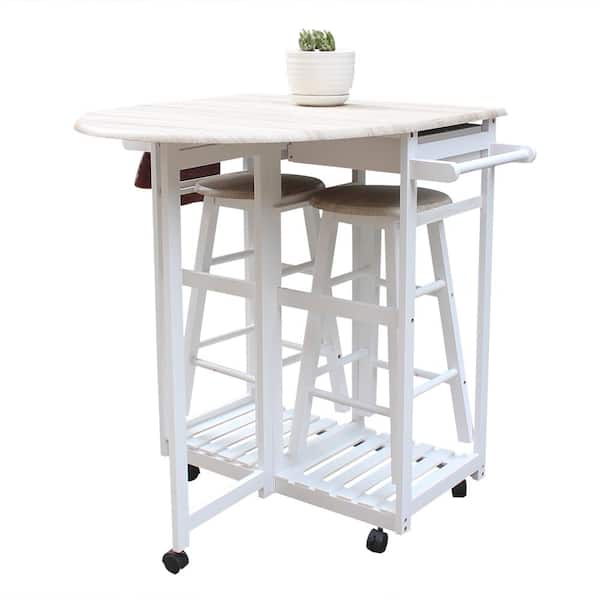 Karl home White Folding Solid Wood Kitchen Cart Dining Set with 2 Stools