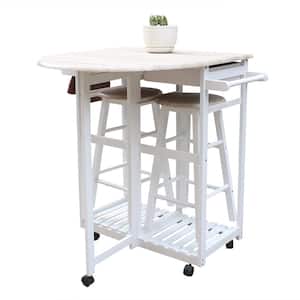 White Folding Solid Wood Kitchen Cart Dining Set with 2 Stools