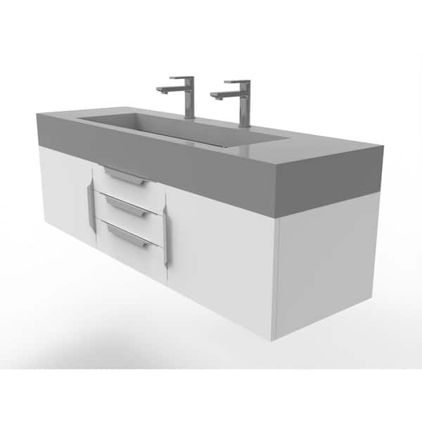 castellousa Nile 60 in. W x 19 in. D x 20 in. H Bath Vanity in Matte White with Chrome Trim and Gray Solid Surface Top