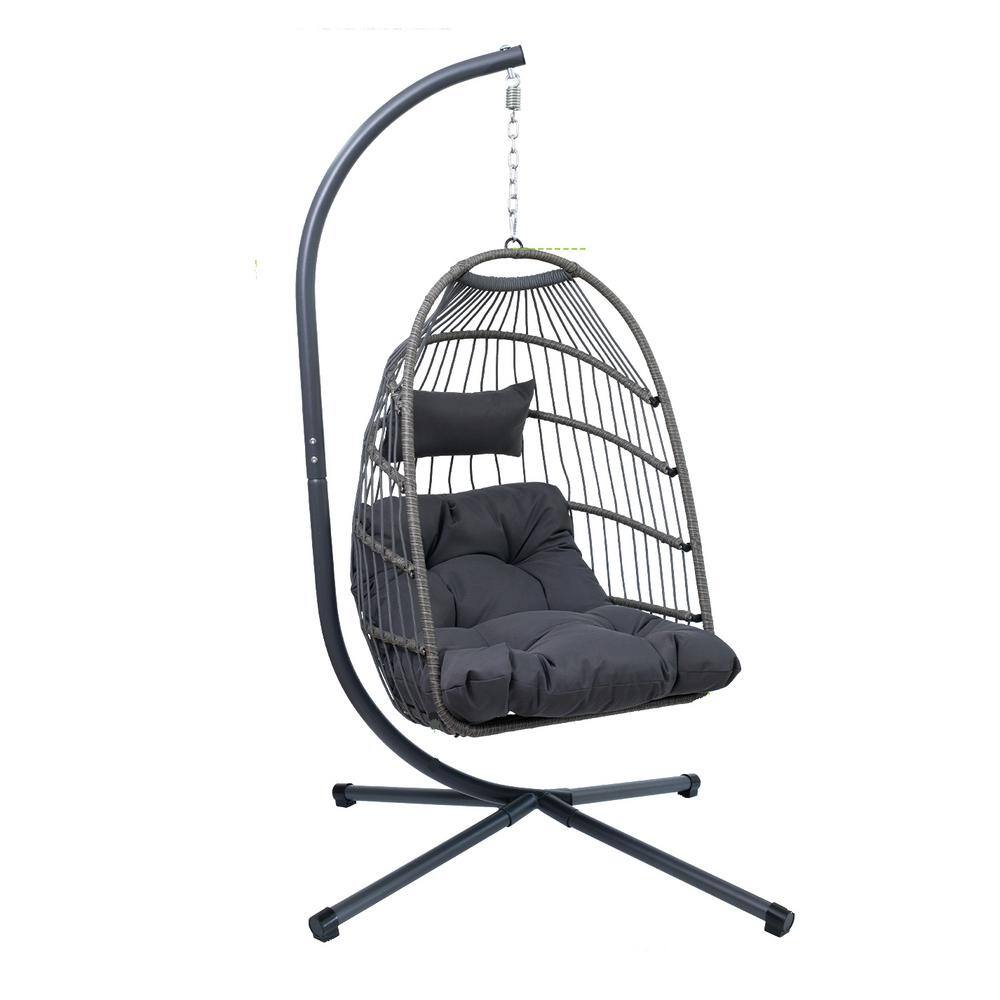 Outdoor Metal Patio Swing, Egg Hanging Chair with Stand, Wicker Swing Egg C