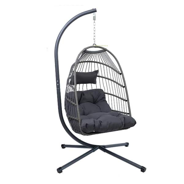 Unbranded Outdoor Metal Patio Swing, Egg Hanging Chair with Stand, Wicker Swing Egg Chair Indoor Swinging Hammock Egg Chair, Gray