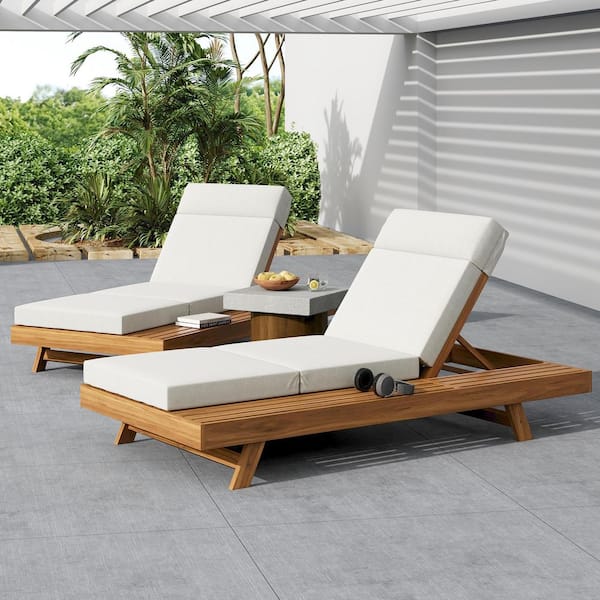 Erin Patio 2/3 Foldable Solid Wood Outdoor Chaise Lounge with Quad-Fold Cream Cushion,Adjustable Back,Teak Finish,2 Pack
