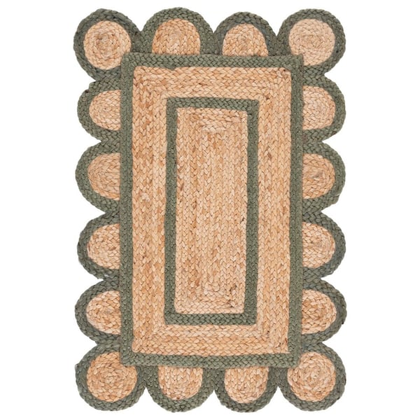 Natural Fiber 3 ft. x 5 ft. Natural/Olive Floral Border Woven Area Rug