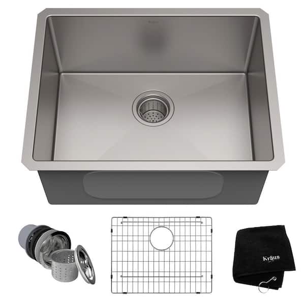 KRAUS Standart PRO 23 in. Undermount Single Bowl 16 Gauge Stainless Steel Kitchen Sink with Accessories