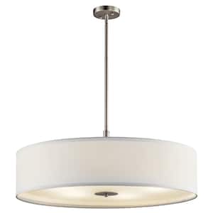 5-Light Brushed Nickel Transitional Shaded Kitchen Drum Pendant Hanging Light with Fabric Shade
