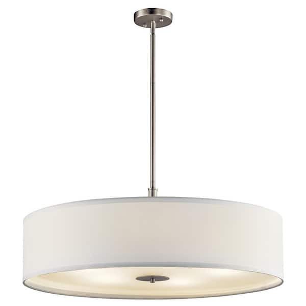 5-Light Brushed Nickel Transitional Shaded Kitchen Drum Pendant Hanging Light with Fabric Shade