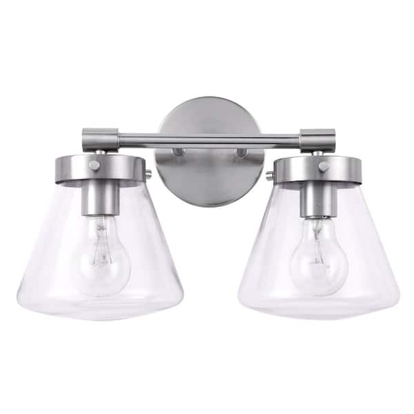Gleam 15.25 in. 2-Light Brushed Nickel Vanity Light with Clear Glass Shades