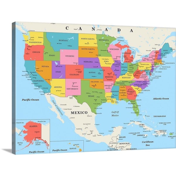 GreatBigCanvas Unframed 18 in. x 24 in. US Map - Color, Classic Text by Inner Circle Canvas Wall Art