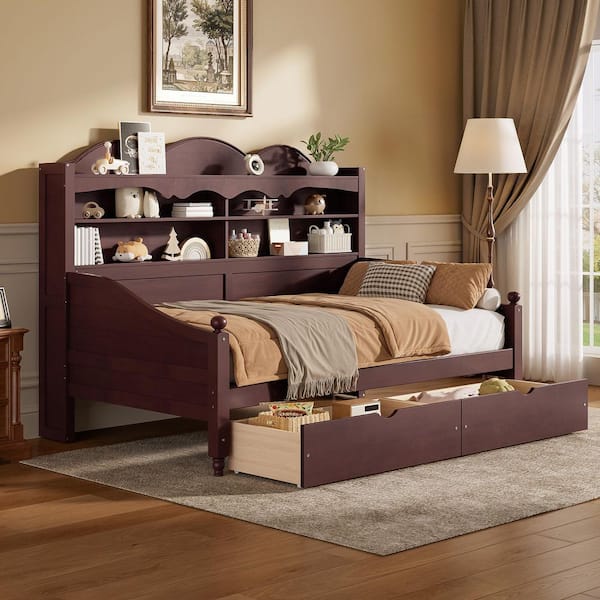 Retro Style Espresso Twin Size Daybed with Storage Drawers and Shelving