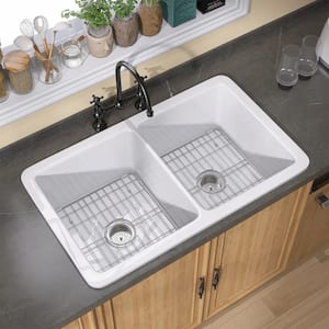 32 in. Drop-In/Undermount Double Bowl Farmhouse Fireclay Kitchen Sink Dual Mount with Bottom Grids and Strainer in White