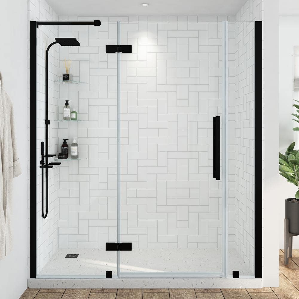 OVE Decors Tampa 64 1/16 in. W x 72 in. H Pivot Frameless Shower Door in Black With Shelves -  828796069458