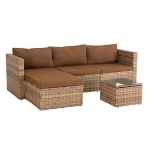 5-Piece Patio Rattan Wicker Sectional Seating Set with Sunbrella Cushions and Tempered Glass Top Table, Coppery Tan