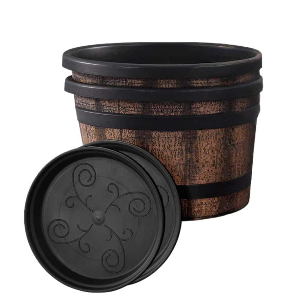 Plastic Imitation Whiskey Barrel Planter (10 in. W x 7 in. H) with Drainage Holes and Saucer for Garden Plants (3-Pack) price history on PriceWatchPro