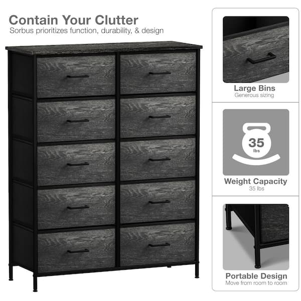 Dresser, Tall Drawer Dresser Organizer with 10 Fabric Storage Drawers,  Steel Frame and Wood Top, Perfect for Bedroom, Closet, or Entryway Storage,  Black 