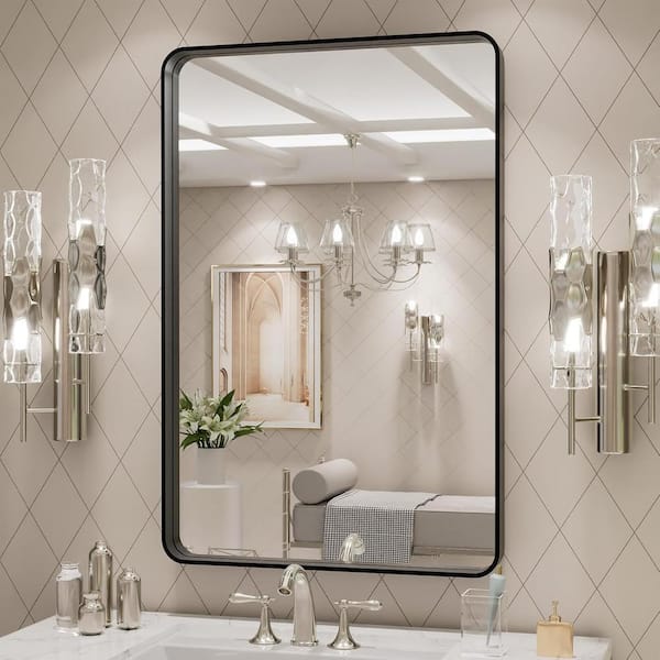 TOOLKISS 20 in. W x 28 in. H Rectangular Aluminum Framed Wall Bathroom Vanity Mirror in Black