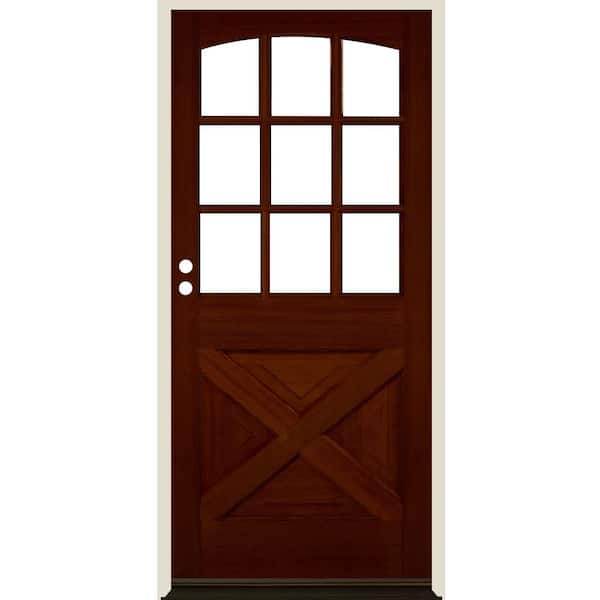 Krosswood Doors 36 in. x 80 in. Farmhouse X Panel RH 1/2 Lite Clear Glass Red Chestnut Stain Hemlock Prehung Front Door