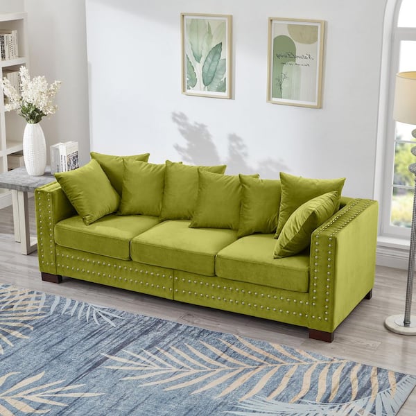 84.5 in Square Arm Velvet Rectangle Sofa in Green with Silver Nailhead Trim Decoration, Storage Seats