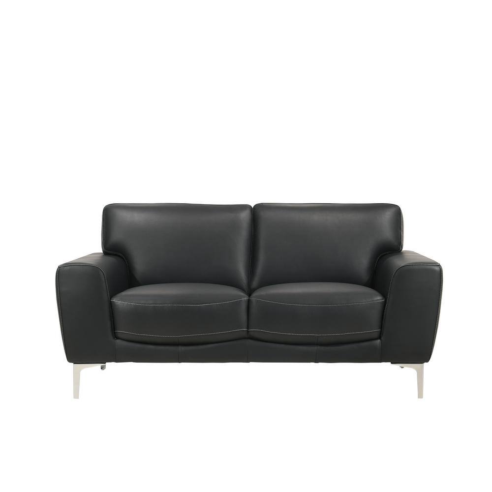 Transitional Carrara Black Leather Loveseat with Metal Legs