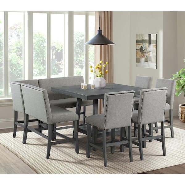 Picket House Furnishings Hester 8PC Counter Height Dining Set in Grey-Table, Four Chairs and Complete Bench