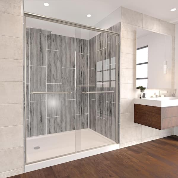 NuVo Driftwood-Rainier 60 in. x 32 in. x 83 in. Base/Wall/Door Rectangular Alcove Shower Stall/Kit Brushed Nickel Left