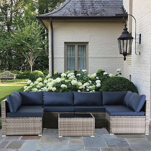 7-Piece Gray Wicker Outdoor Sectional Sofa with Blue Cushion, Coffee Table for Patio, Poolside