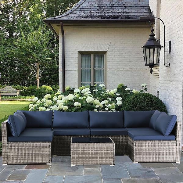 Unbranded 7-Piece Gray Wicker Outdoor Sectional Sofa with Blue Cushion, Coffee Table for Patio, Poolside
