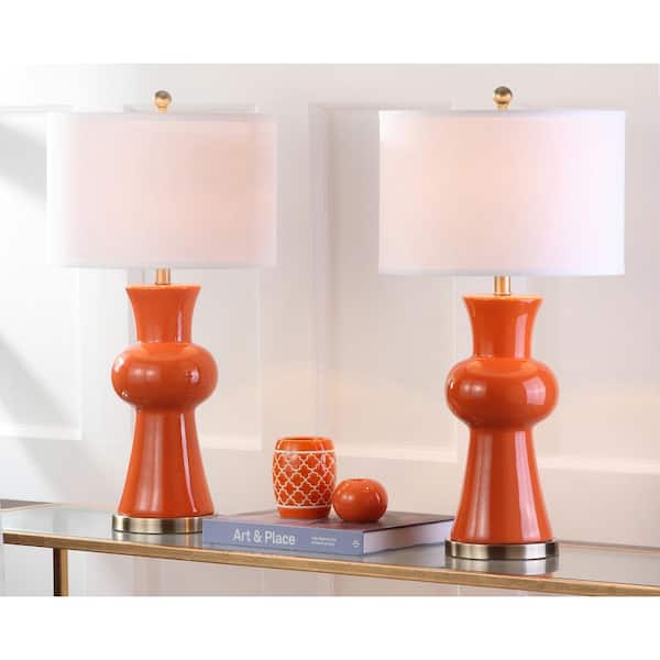 Lola 30 in. Orange Column Hourglass Table Lamp with Off-White Shade (Set of 2)